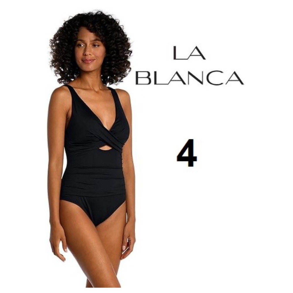 16- La Blanca Island Goddess One Piece Swimsuit Cross Front Keyhole Ruched Tummy